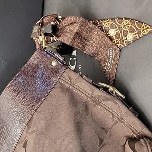 Coach Vintage Silk Skinny Scarf in Brown Signature Print and Gold Pattern